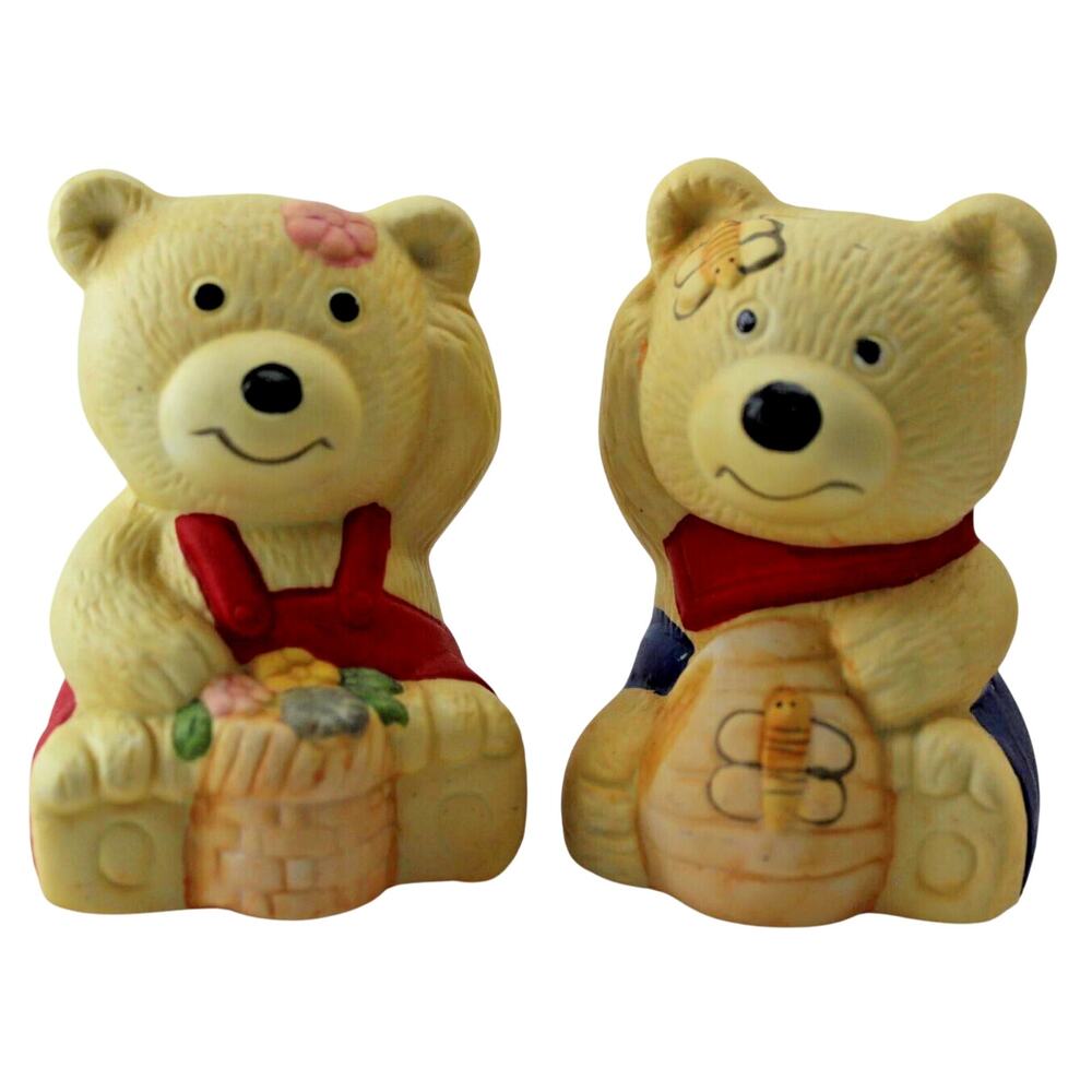 Salt & Pepper Shakers • Little Bear Couple • Red Blue Beige • Flowers Bee 3"